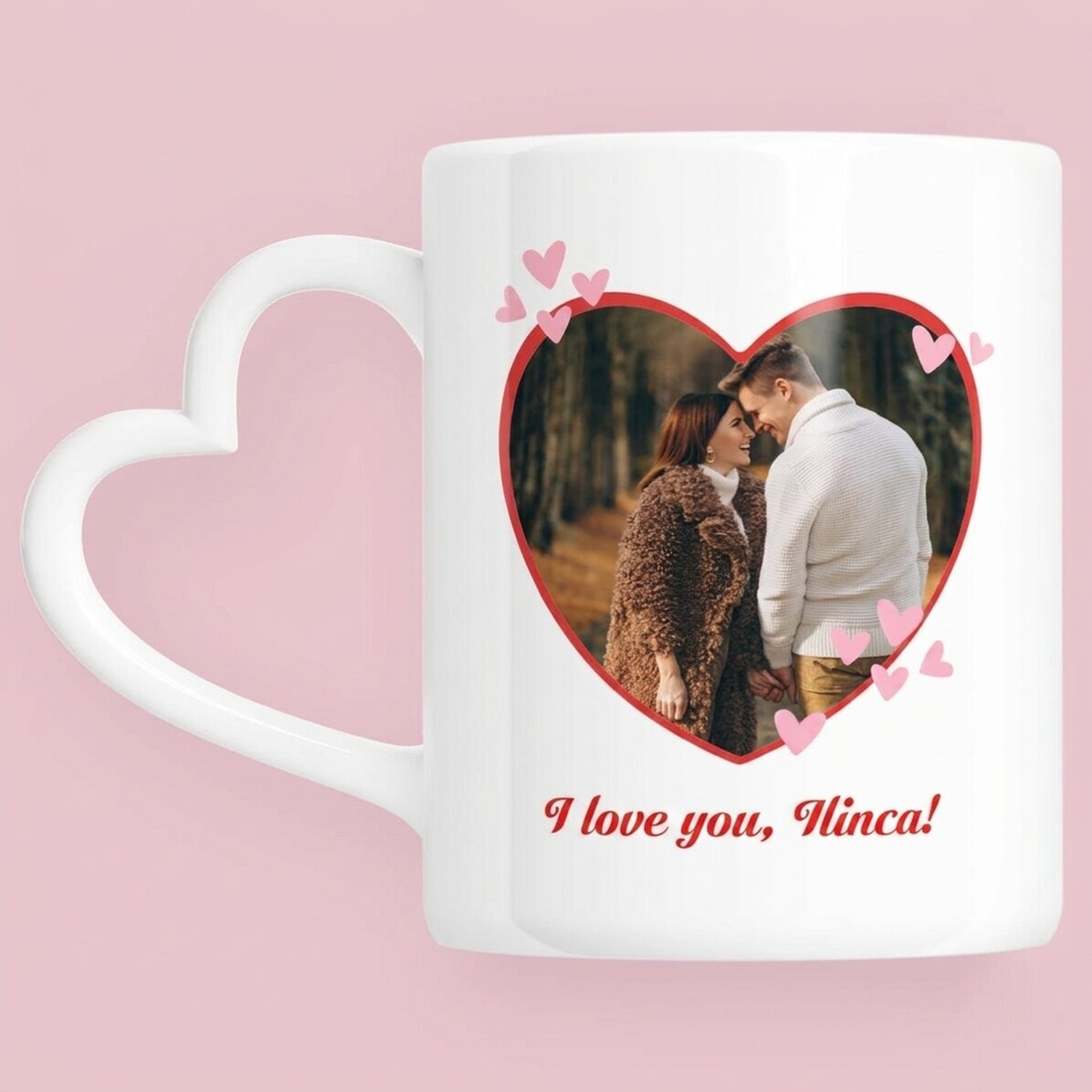 Personalised mug with photo and text - You&Me; - heart-shaped handle design