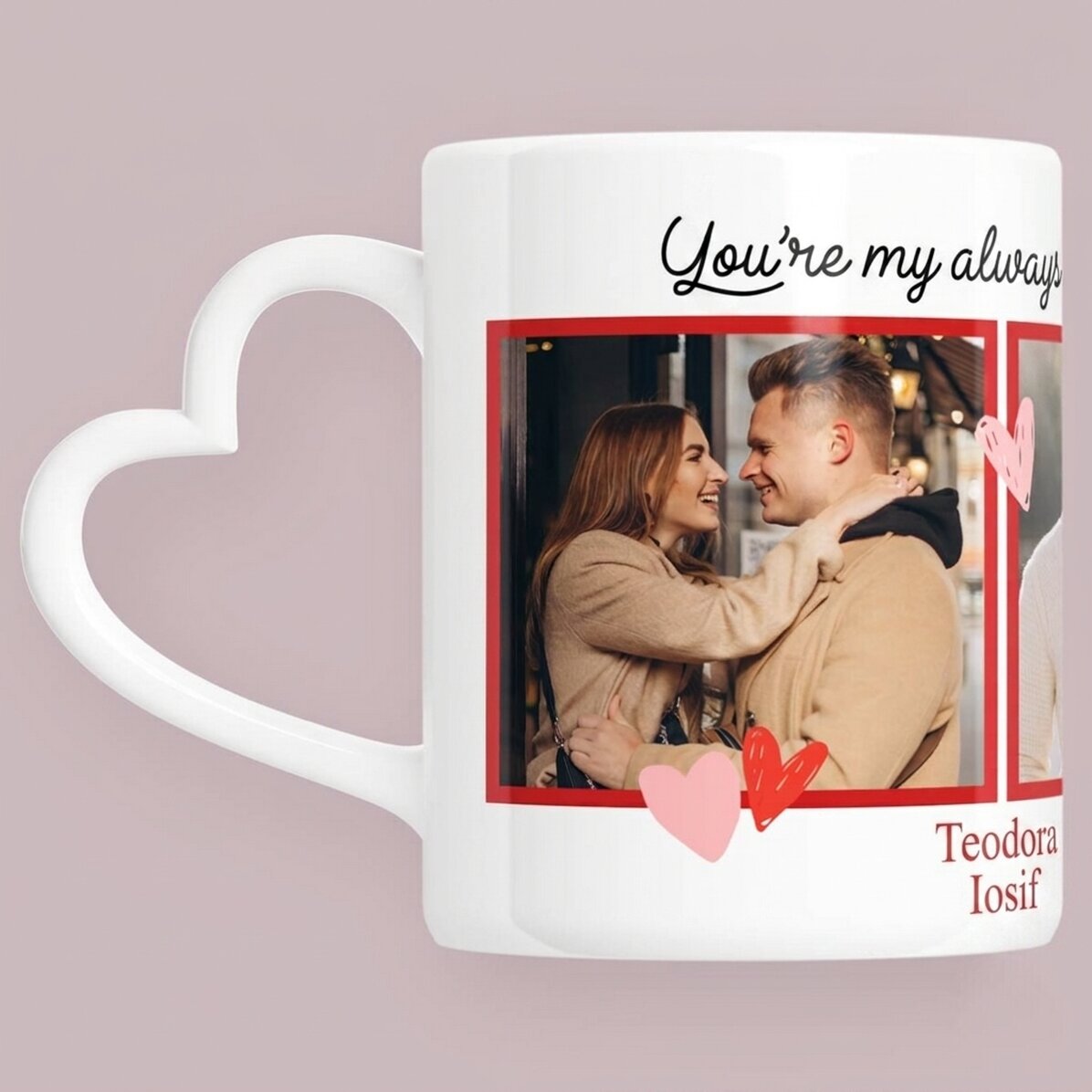 Personalised mug with 3 photos and text - My favourite - heart-shaped handle design