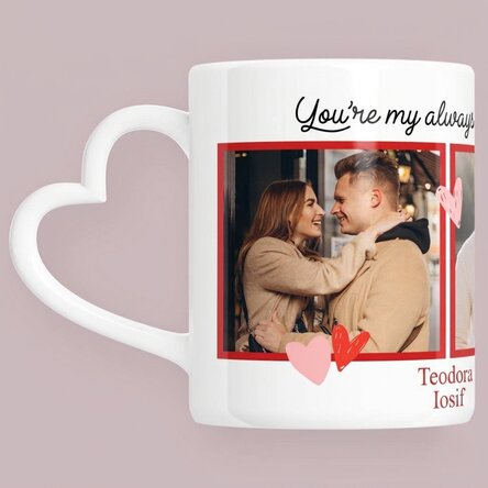 Personalised mug with 3 photos and text - My favourite - heart-shaped handle design