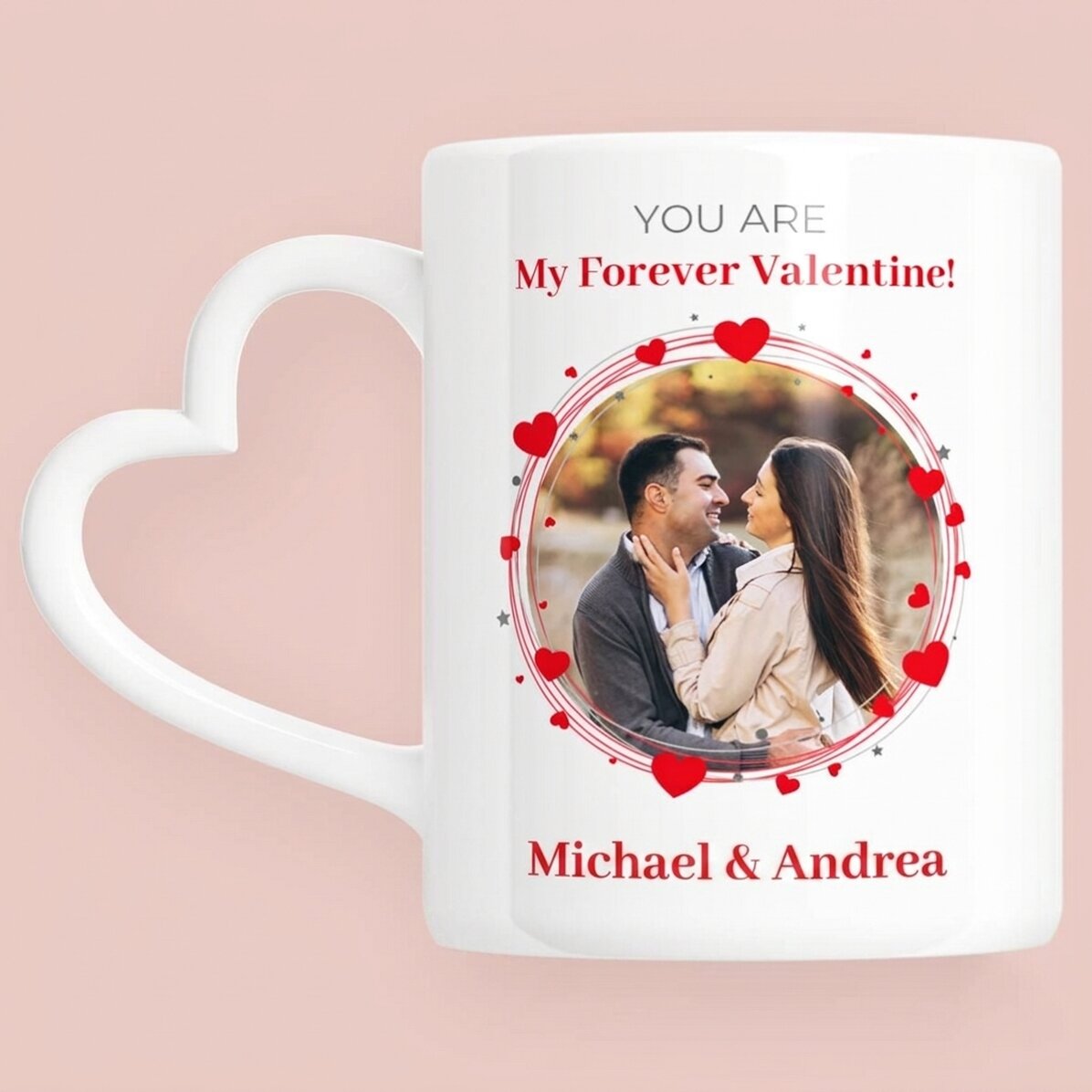 Personalised mug with photo and text - Forever - heart-shaped handle model