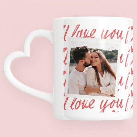 Personalised mug with photo and text - I love you! - heart-shaped handle design