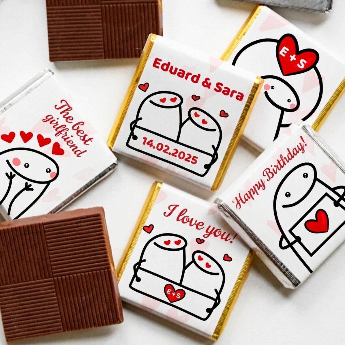 Set of 5 mini chocolates personalised with text - Cute love