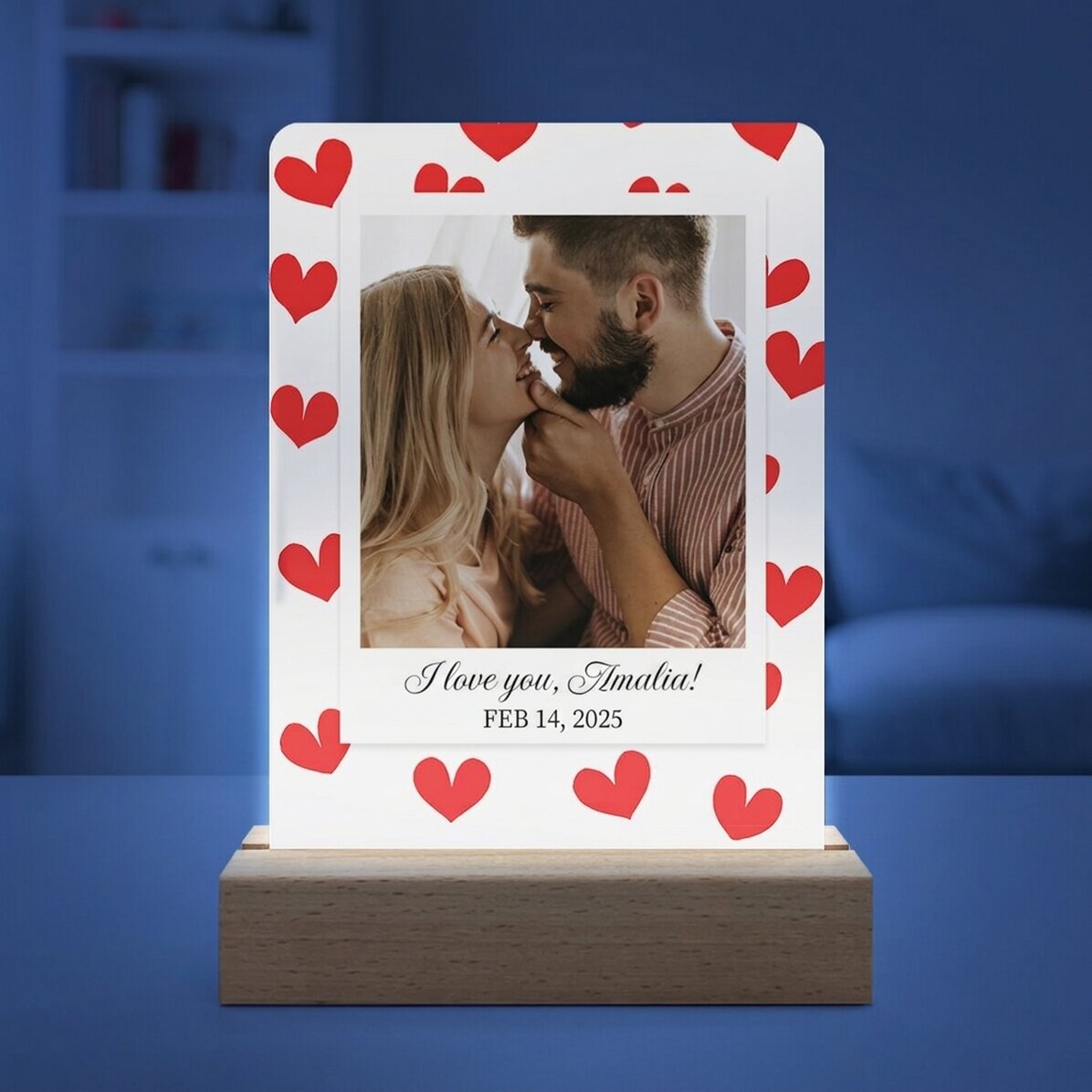 Personalised LED night light with a photo and message - Hearts