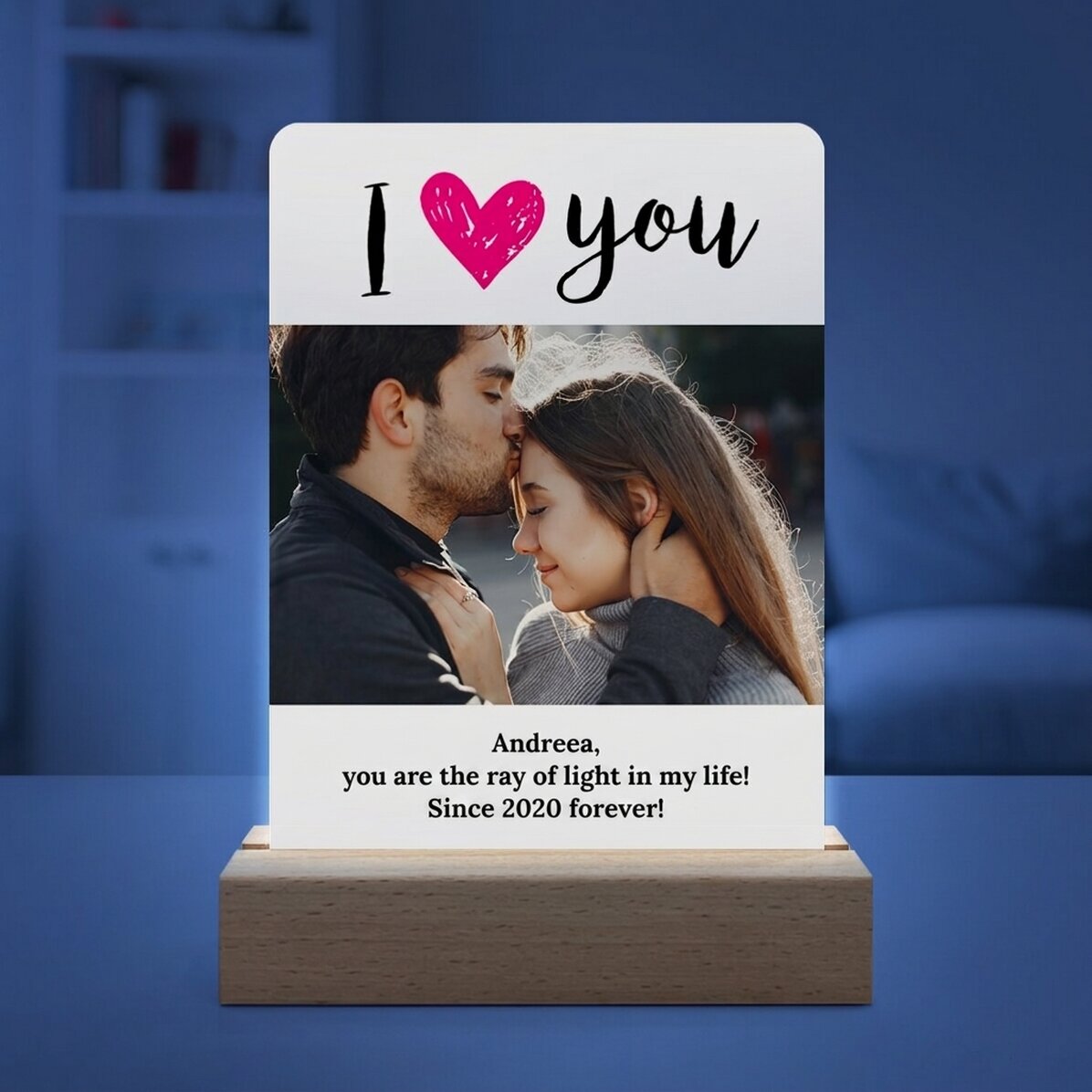 Personalised LED night light with a photo and message - I love you