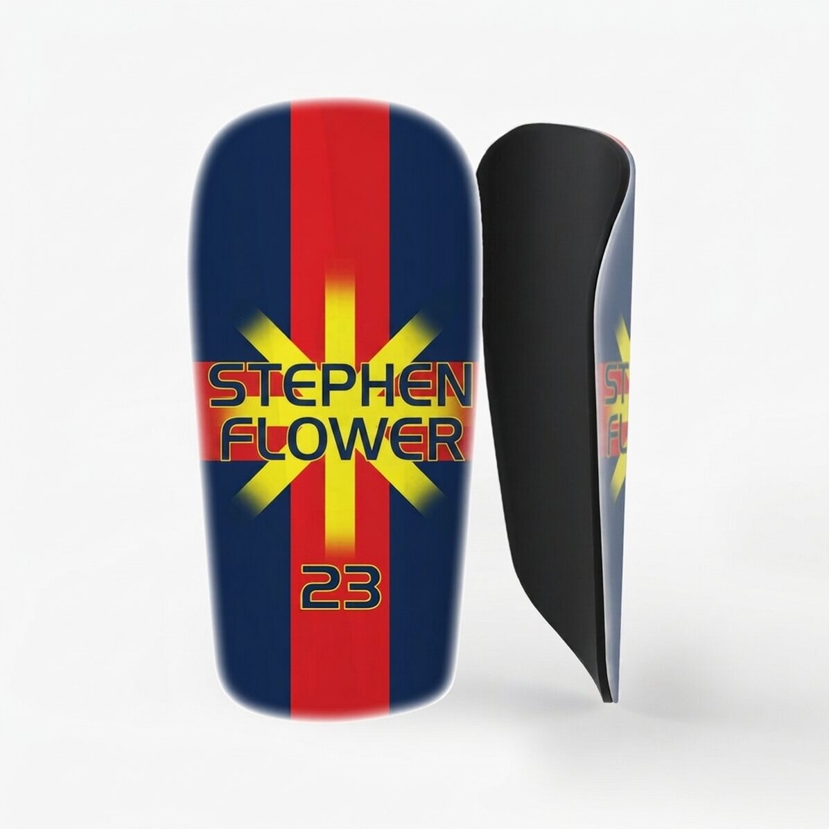 Personalised football shin guards with text - Red and blue