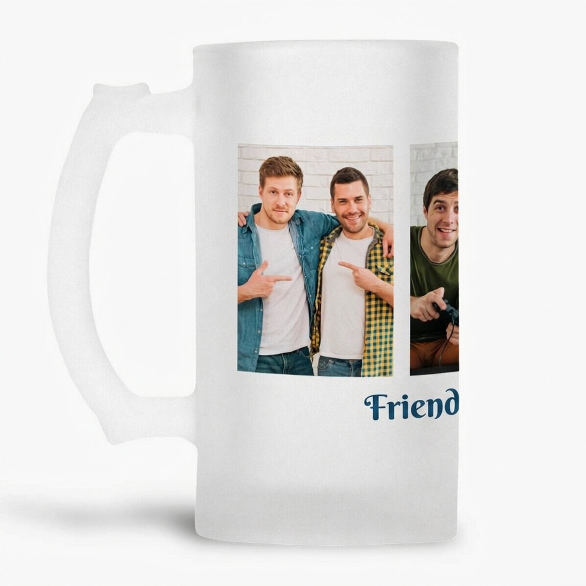 Personalised beer mug with 4 photos and text