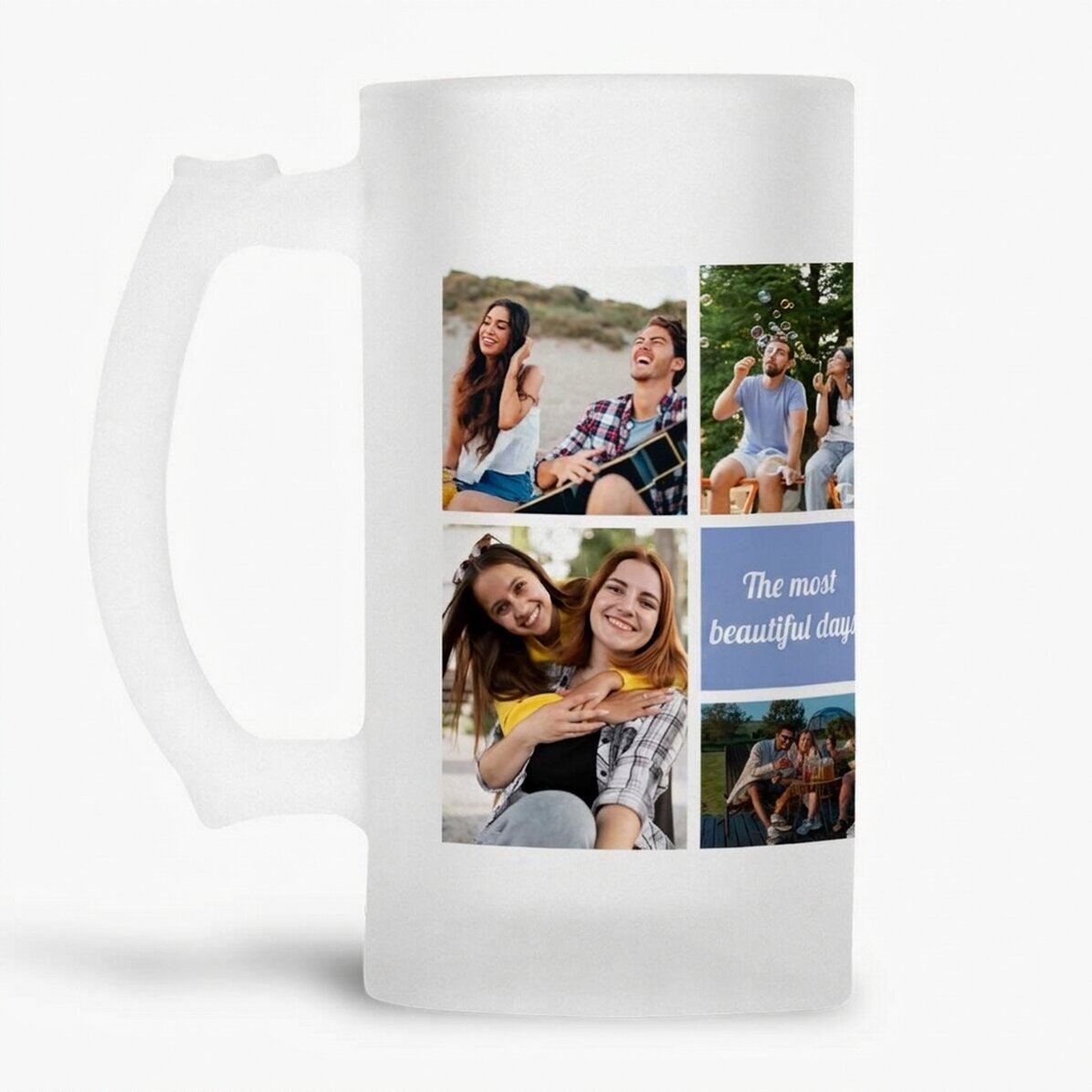 Personalised beer mug with 7 photos and message