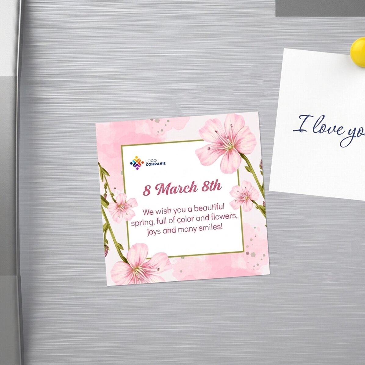 Customised 10x10 magnet with logo and text - 8 March