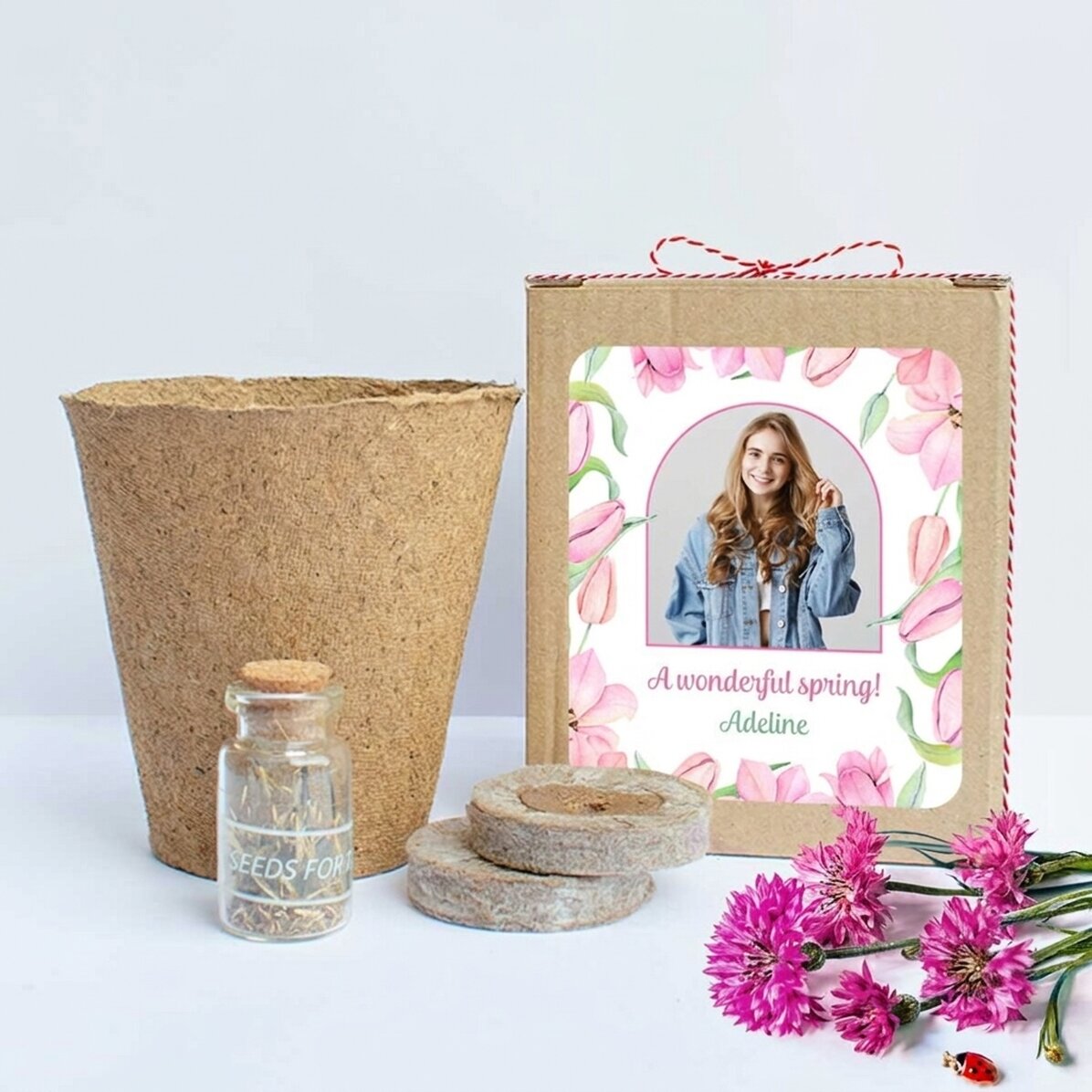 Spring flower planting kit in a box personalised with a photo and message