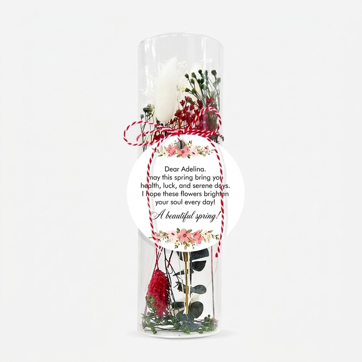Glass martisor ornament with preserved flowers, personalised with a message