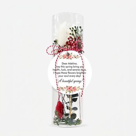 Glass martisor ornament with preserved flowers, personalised with a message