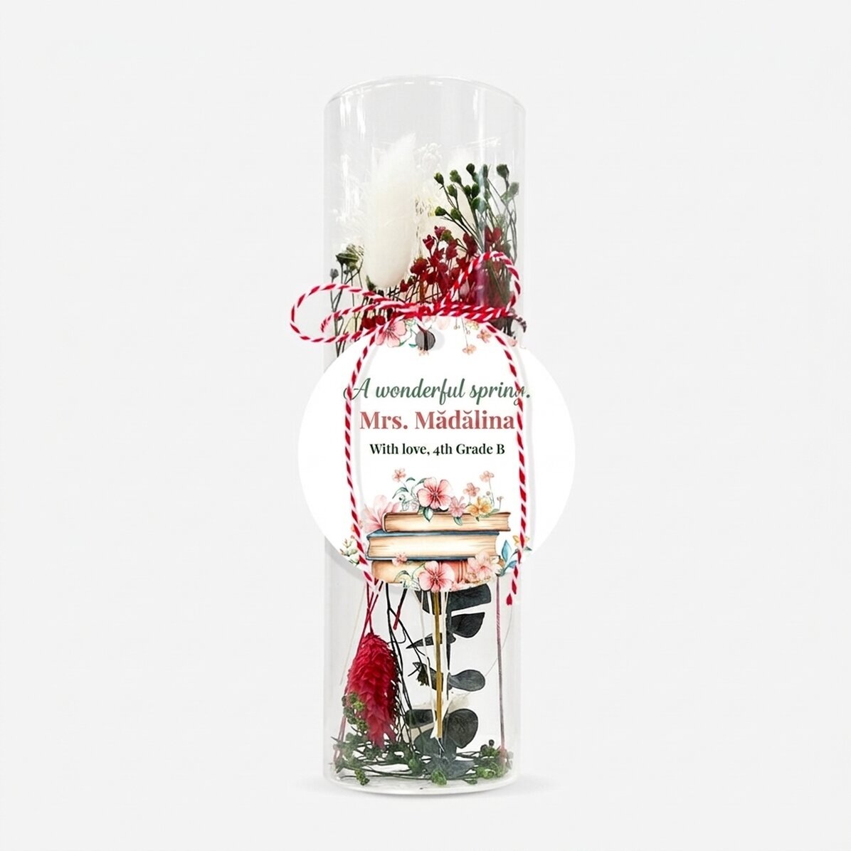 Glass martisor ornament with preserved flowers, personalised with a message for the teacher