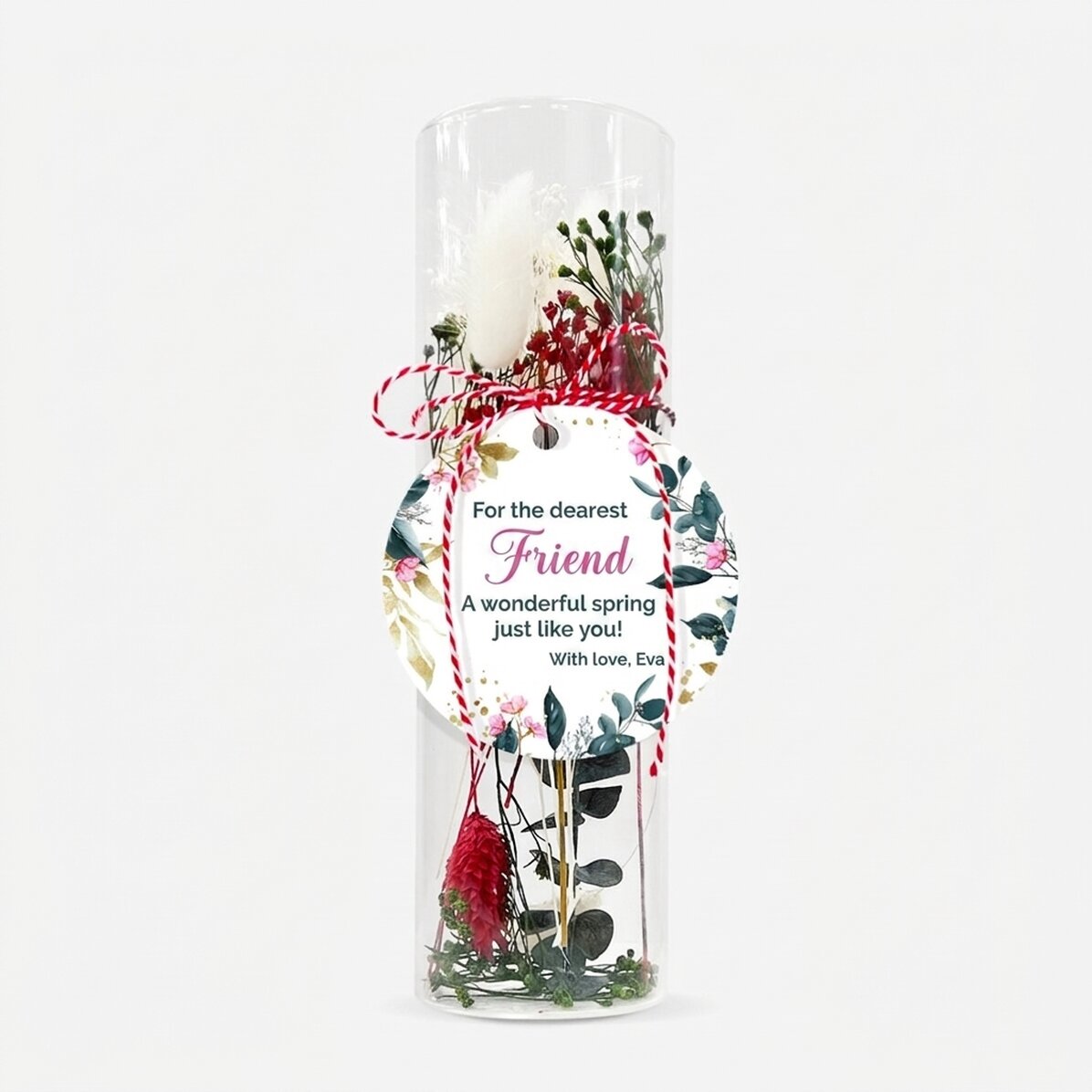 Glass martisor ornament with preserved flowers, personalised with a message - My dearest