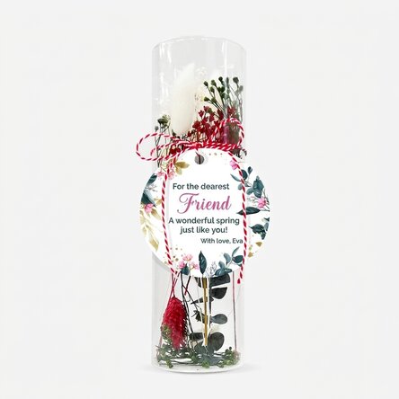 Glass martisor ornament with preserved flowers, personalised with a message - My dearest