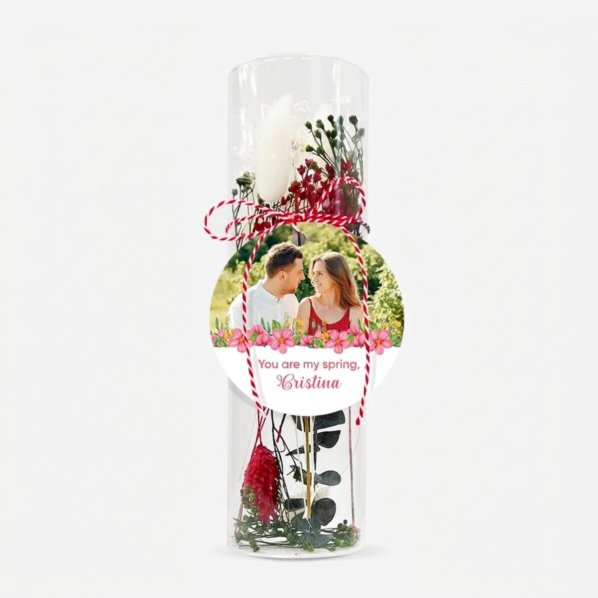 Glass martisor ornament with preserved flowers, personalised with a message and photo - My Spring
