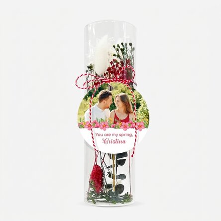 Glass martisor ornament with preserved flowers, personalised with a message and photo - My Spring