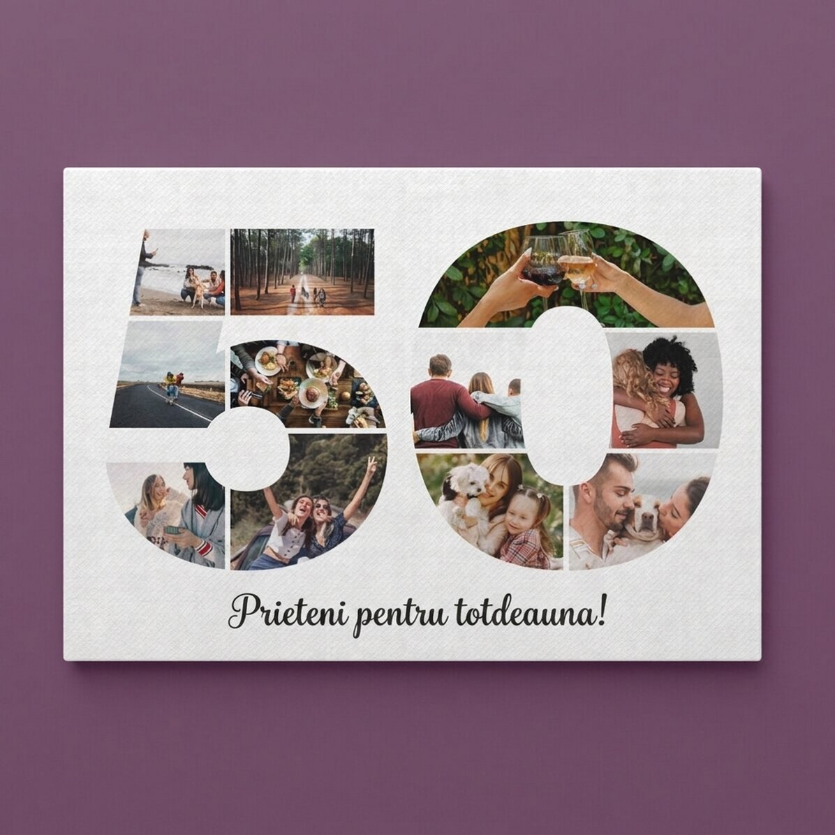 Personalised landscape canvas print with 11 photos, model number 50 and text message