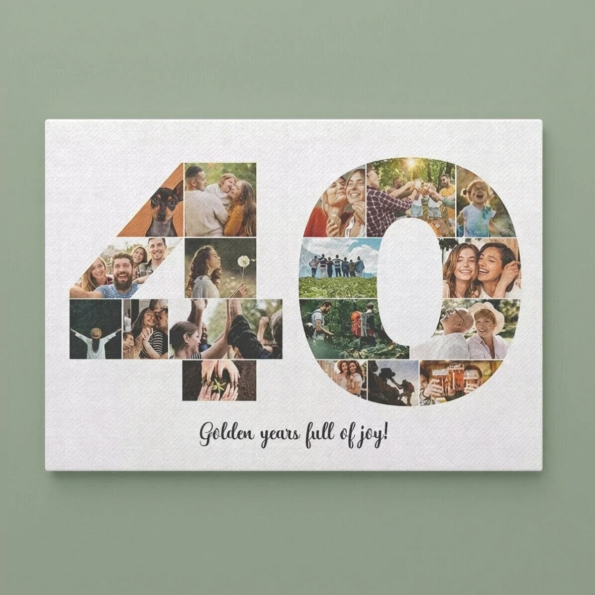 Personalised landscape canvas print with 18 photos, model number 40, and text message