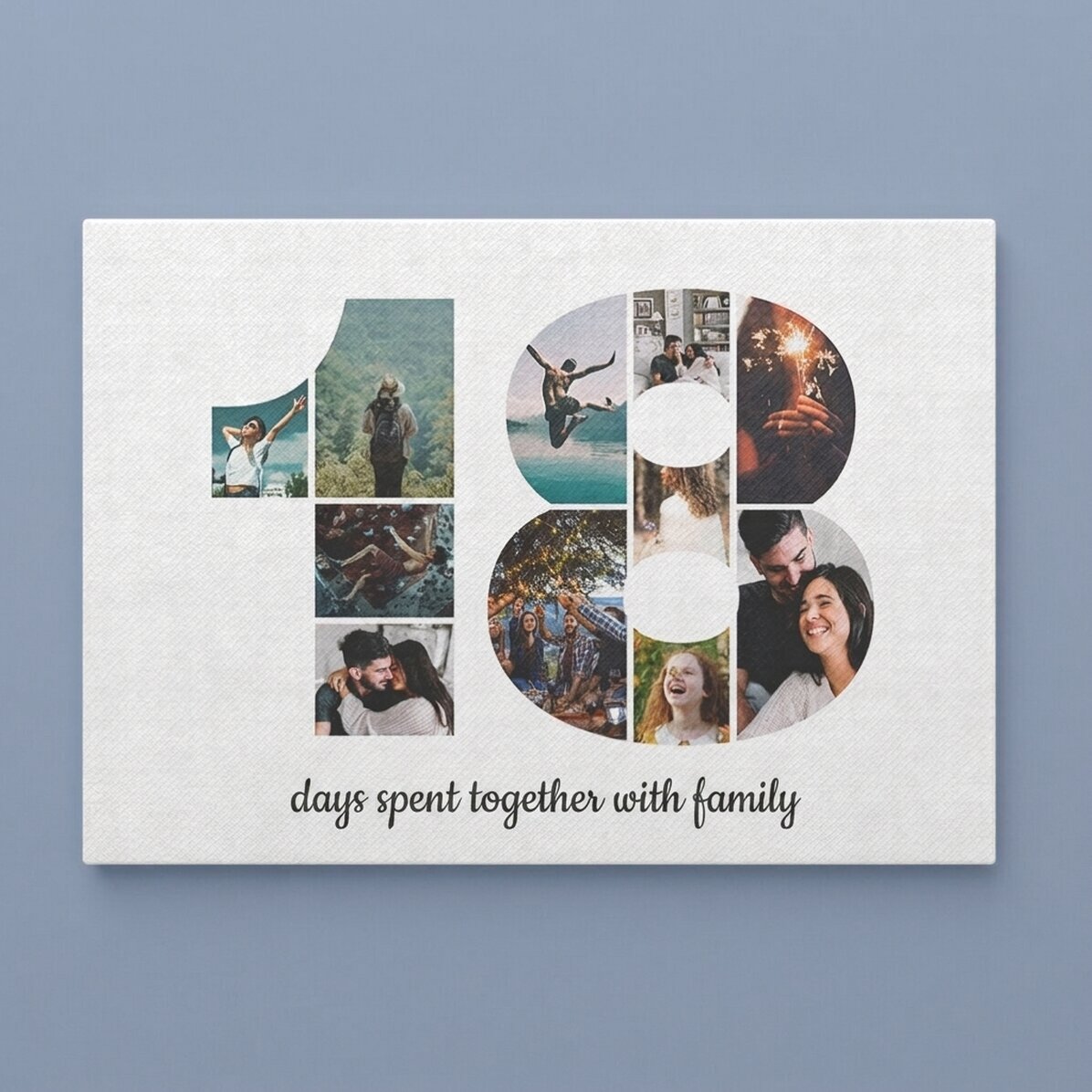 Personalised landscape canvas print with 11 photos, model number 18, and text message