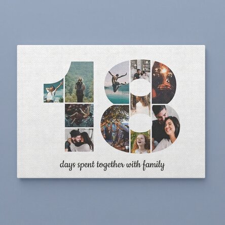 Personalised landscape canvas print with 11 photos, model number 18, and text message