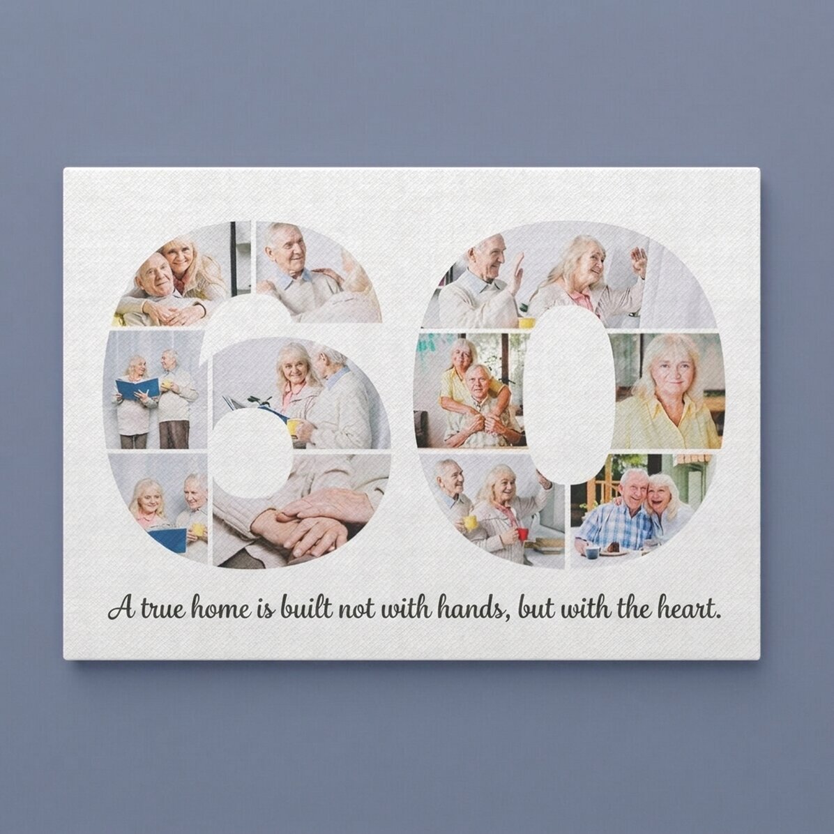 Personalised landscape canvas print with 11 photos, model number 60, and text message