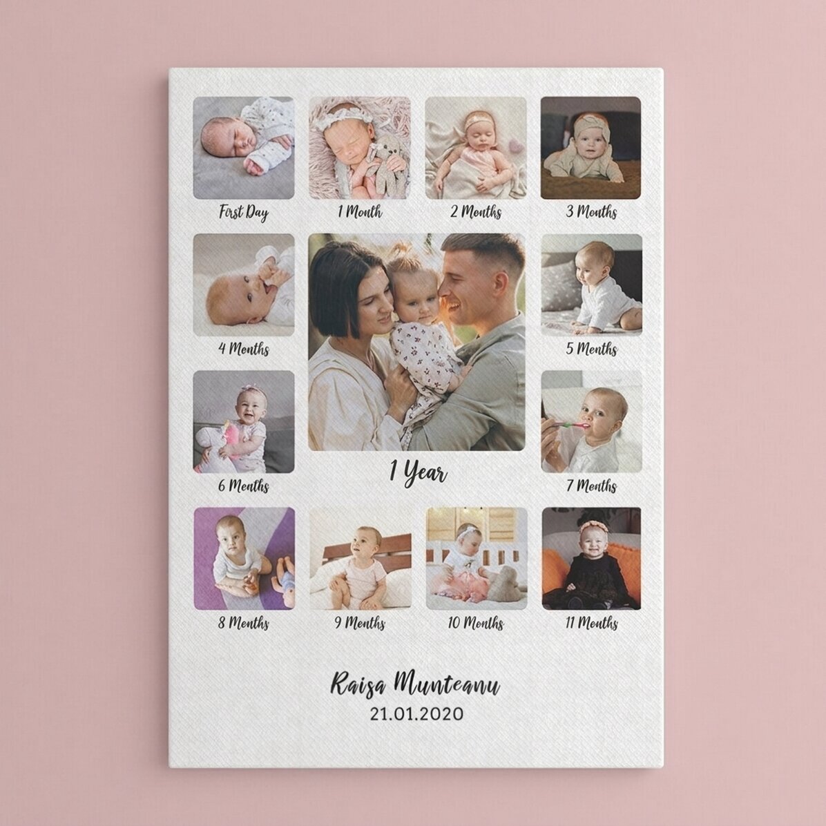 Personalised canvas print with 13 photos and text - My first year