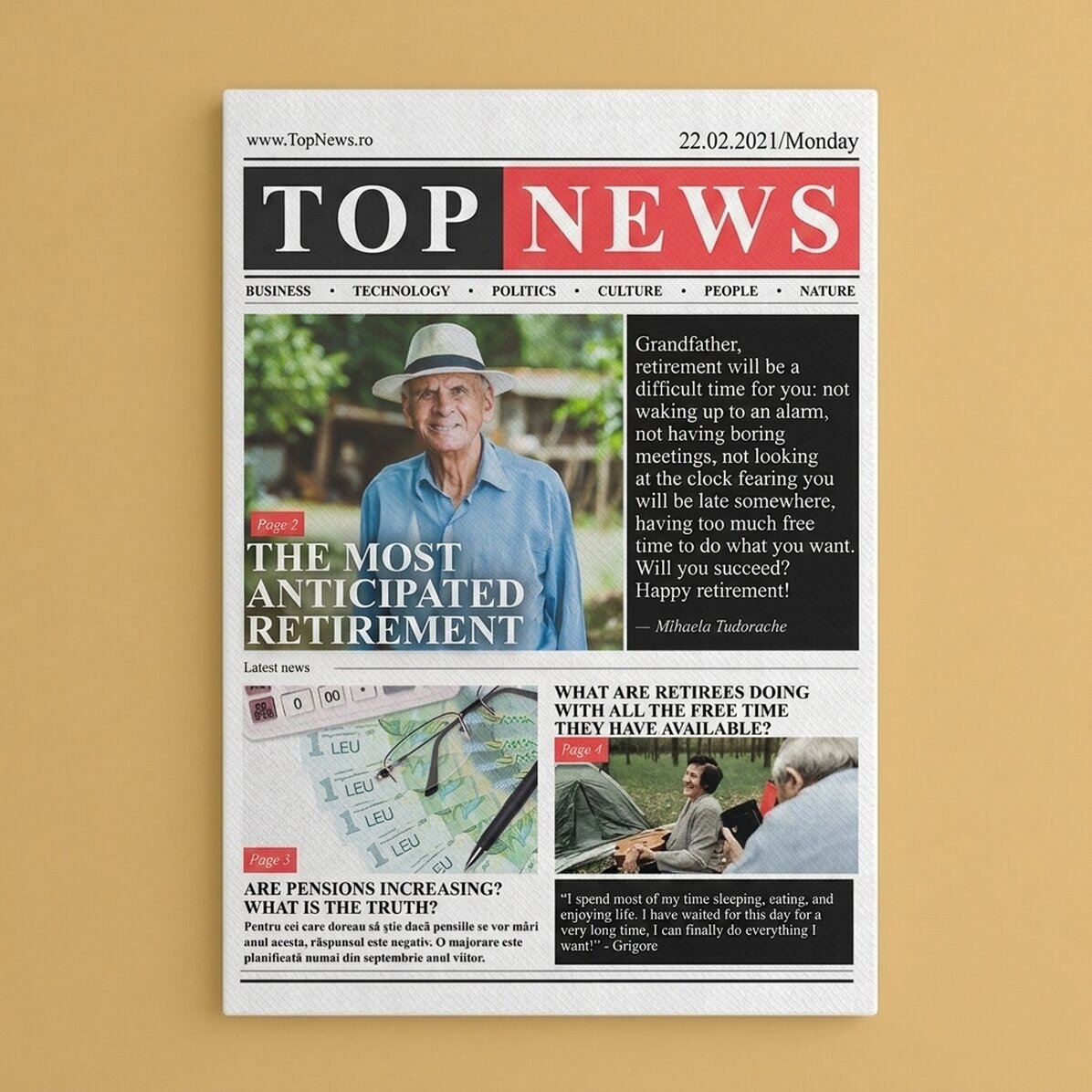 Personalised canvas painting with a photo and text - Retirement, news of the day