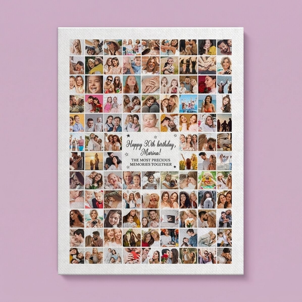 Personalised canvas print with 102 photos and message