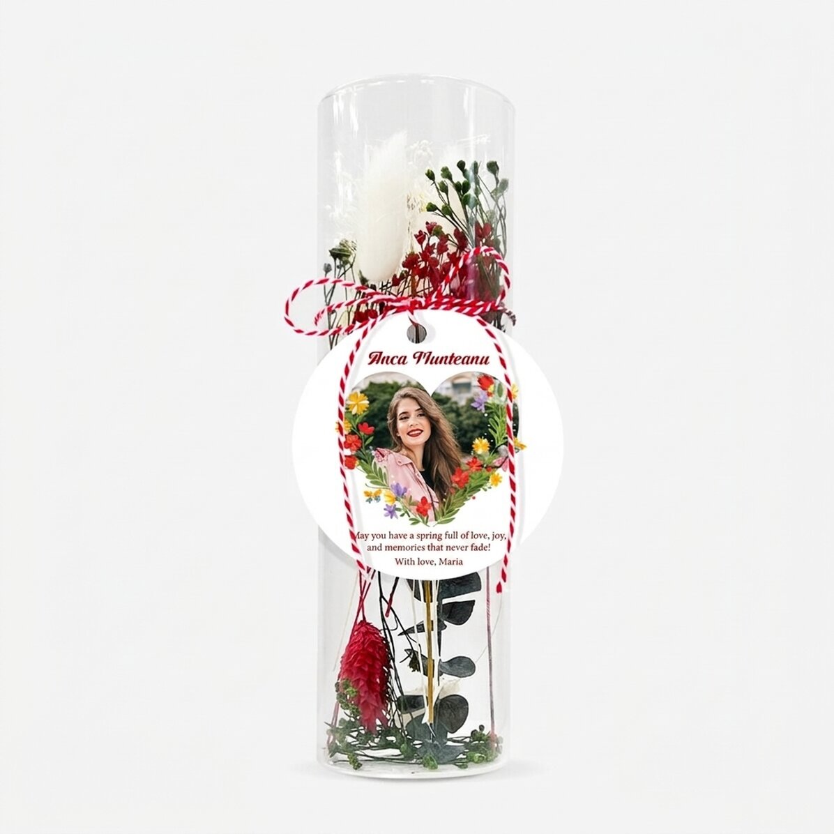 Glass martisor ornament with preserved flowers, personalised with a message and photo - Heart