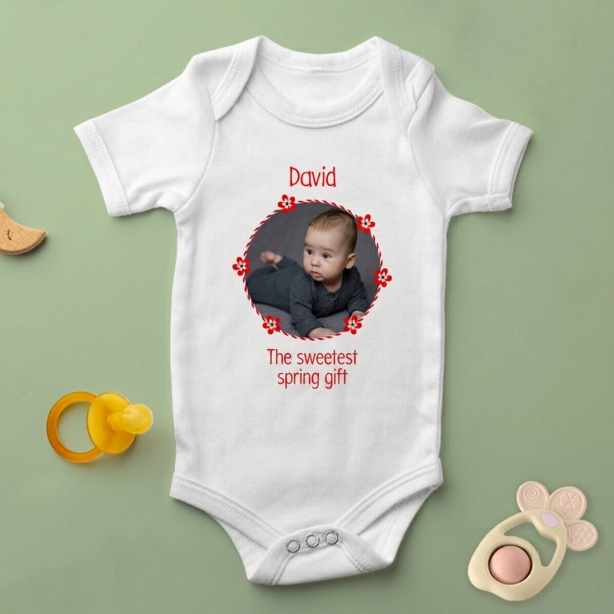 Personalised baby bodysuit with photo and text