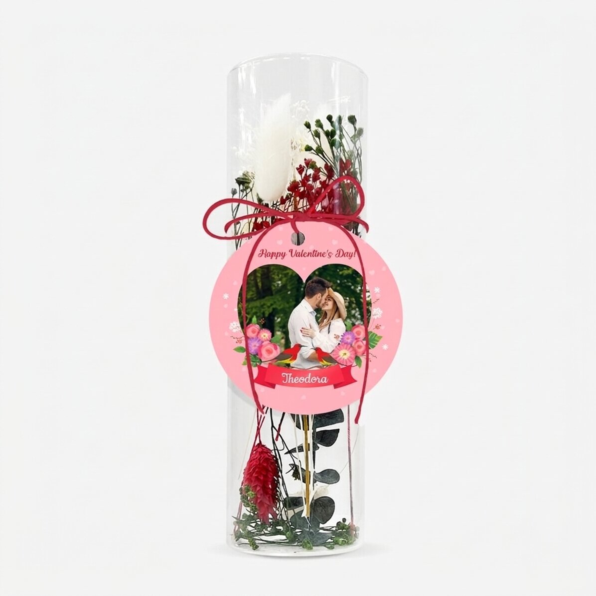 Glass ornament with preserved flowers, personalised with text and photo - Love
