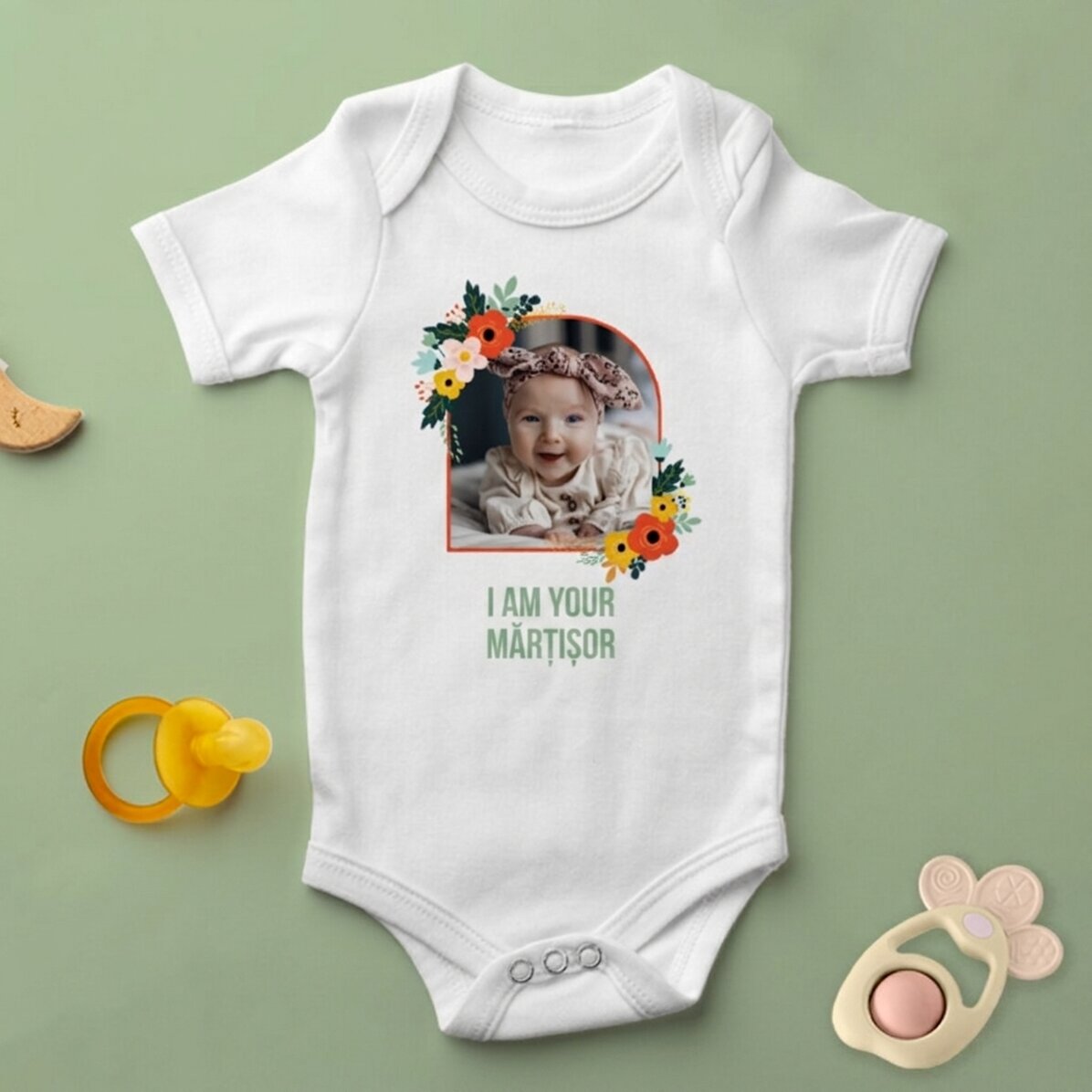 Personalised baby bodysuit with photo and text - Flowers