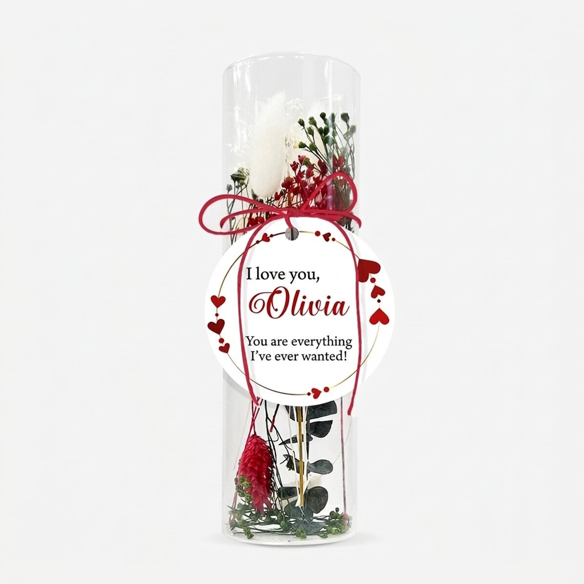 Glass ornament with preserved flowers personalised with text - I love you