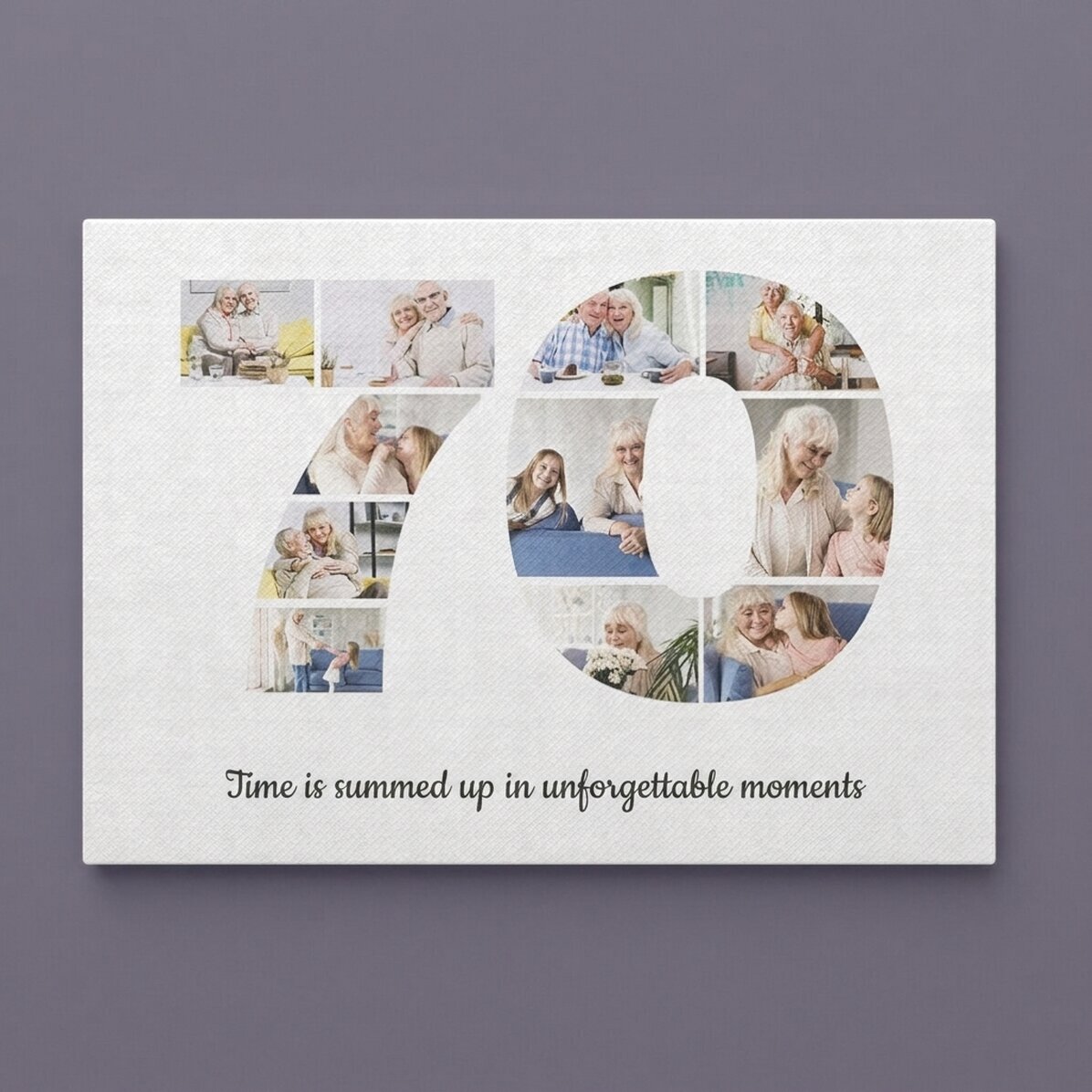 Personalised landscape canvas print with 11 photos, model number 70, and text message