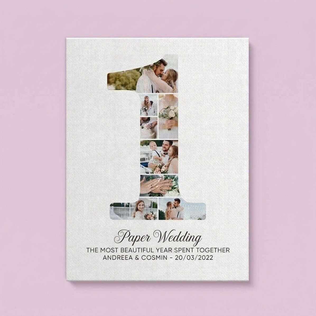 Personalised canvas painting with the number 1, photos and message - Relationship anniversary
