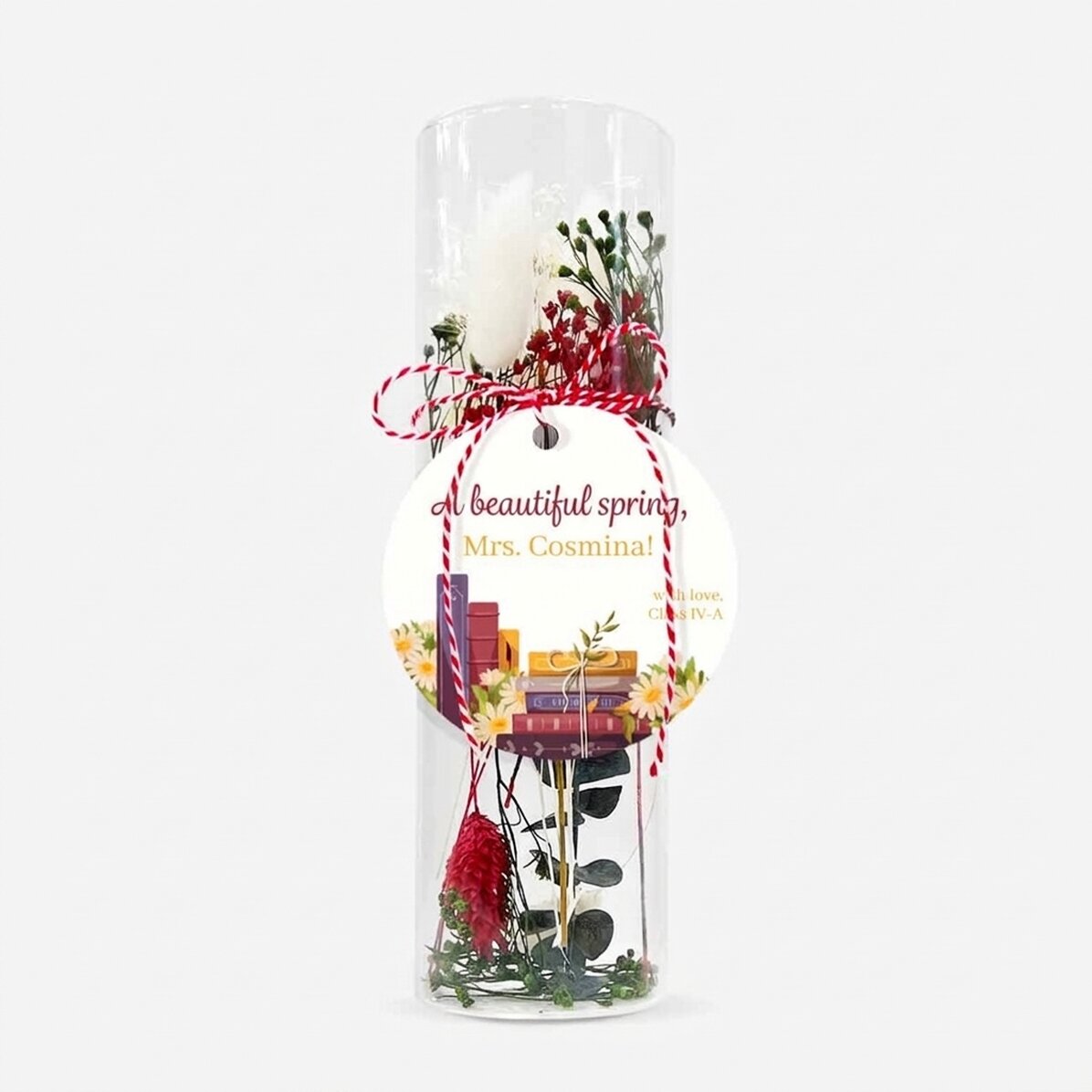 Glass martisor ornament with preserved flowers, personalised with text for the teacher