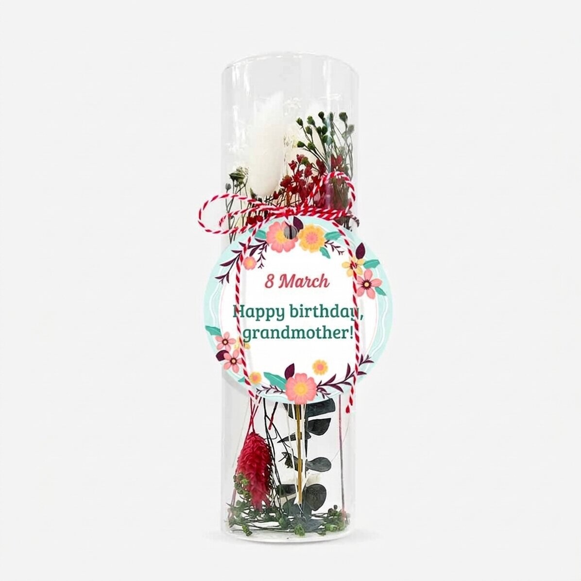 Glass martisor ornament with preserved flowers, personalised with a message