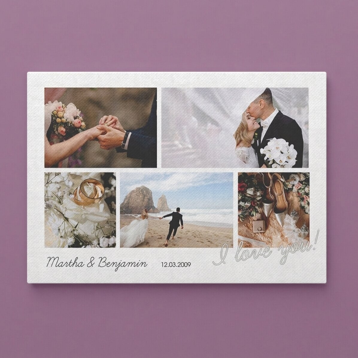 Personalised landscape canvas print with 5 photos and text - I love you!