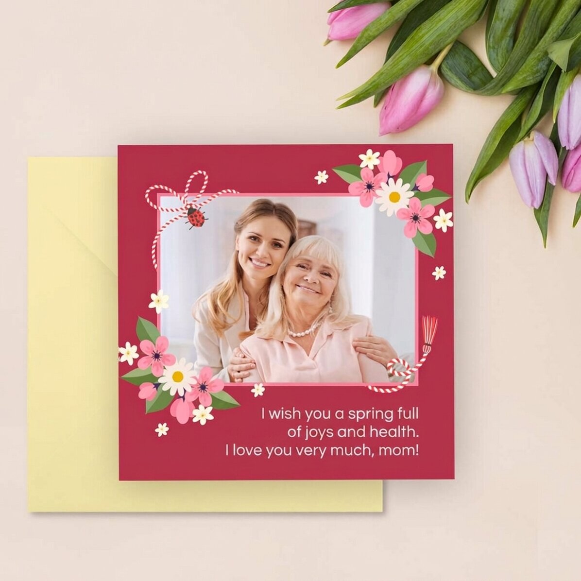 Personalised square card with text and a photo
