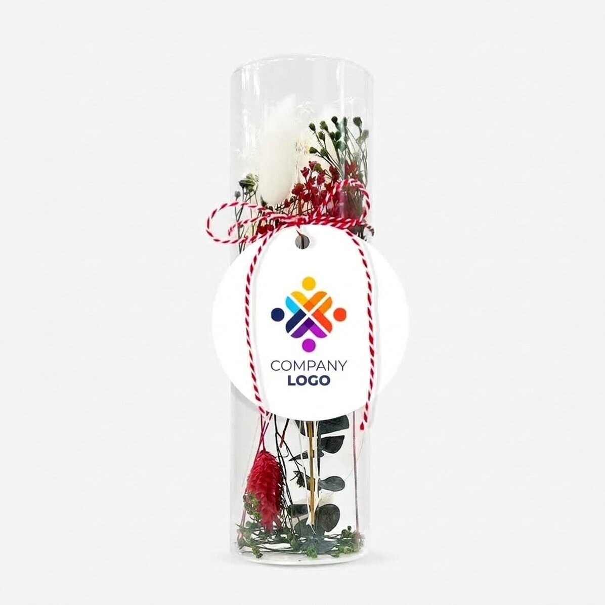 Glass martisor ornament with preserved flowers, customised with logo