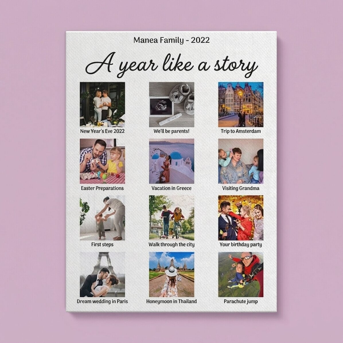 Personalised canvas print with 12 photos and text - A year like a story