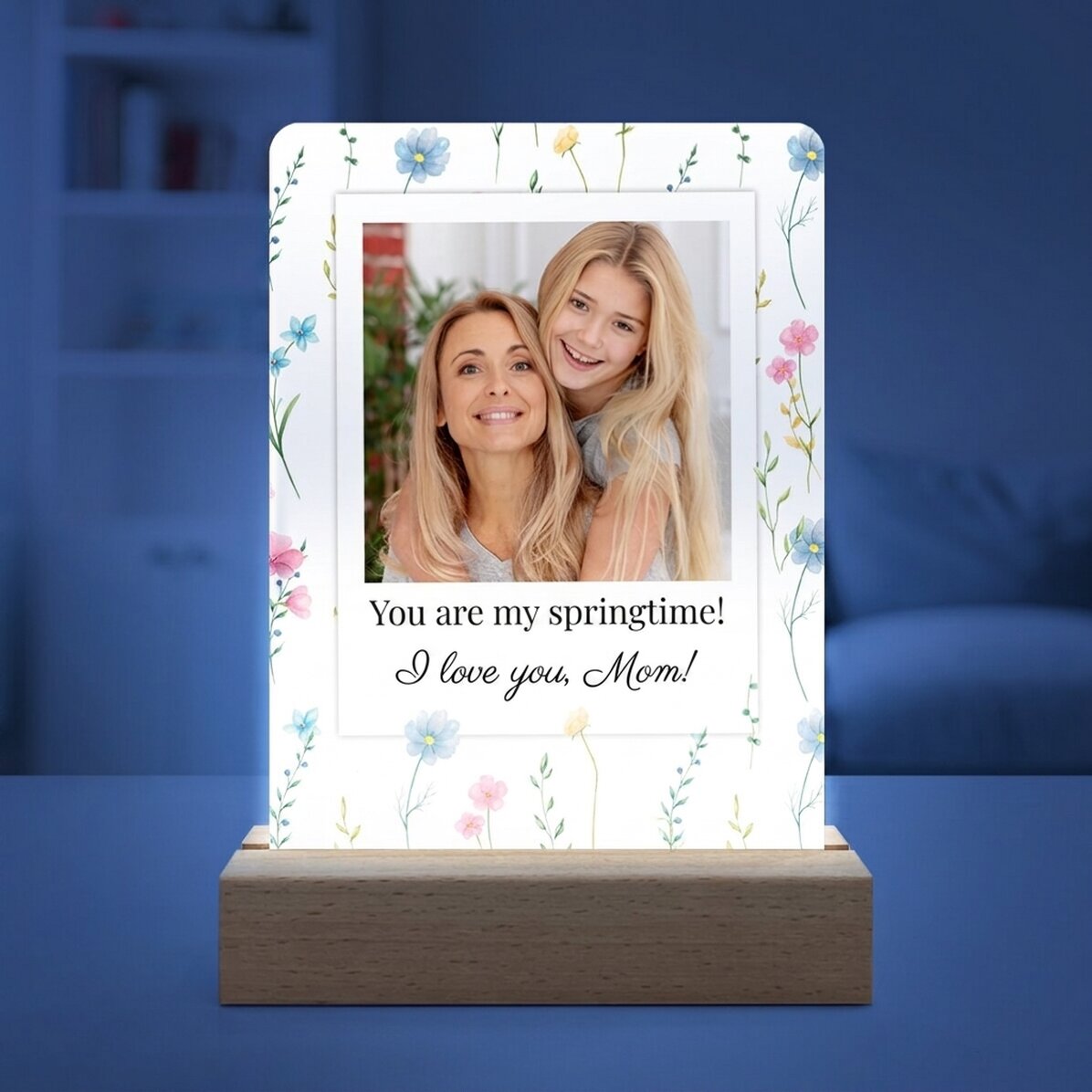 Personalised LED night light with a photo and message - Floral