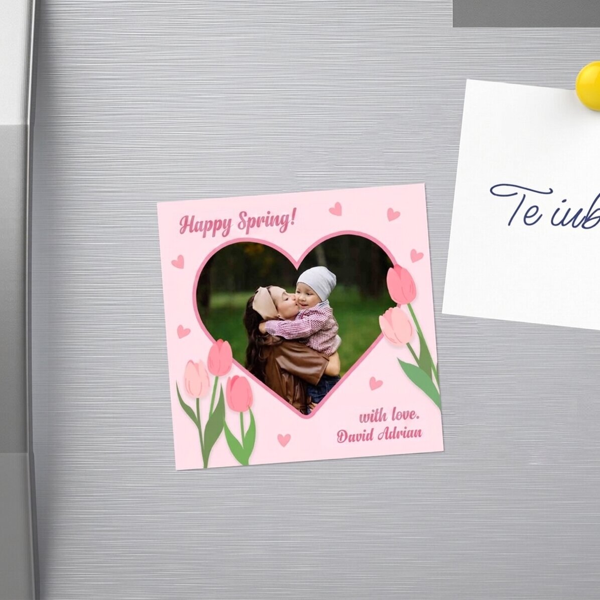 Personalised 10x10 magnet with a photo and text - Happy Spring