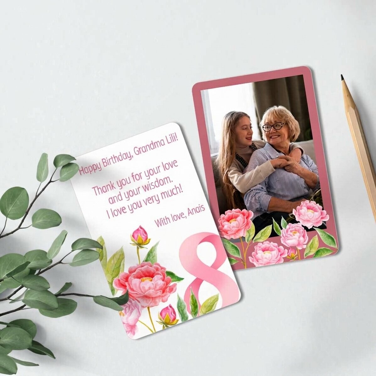 Personalised double-sided aluminium card with message and photo - Flowers