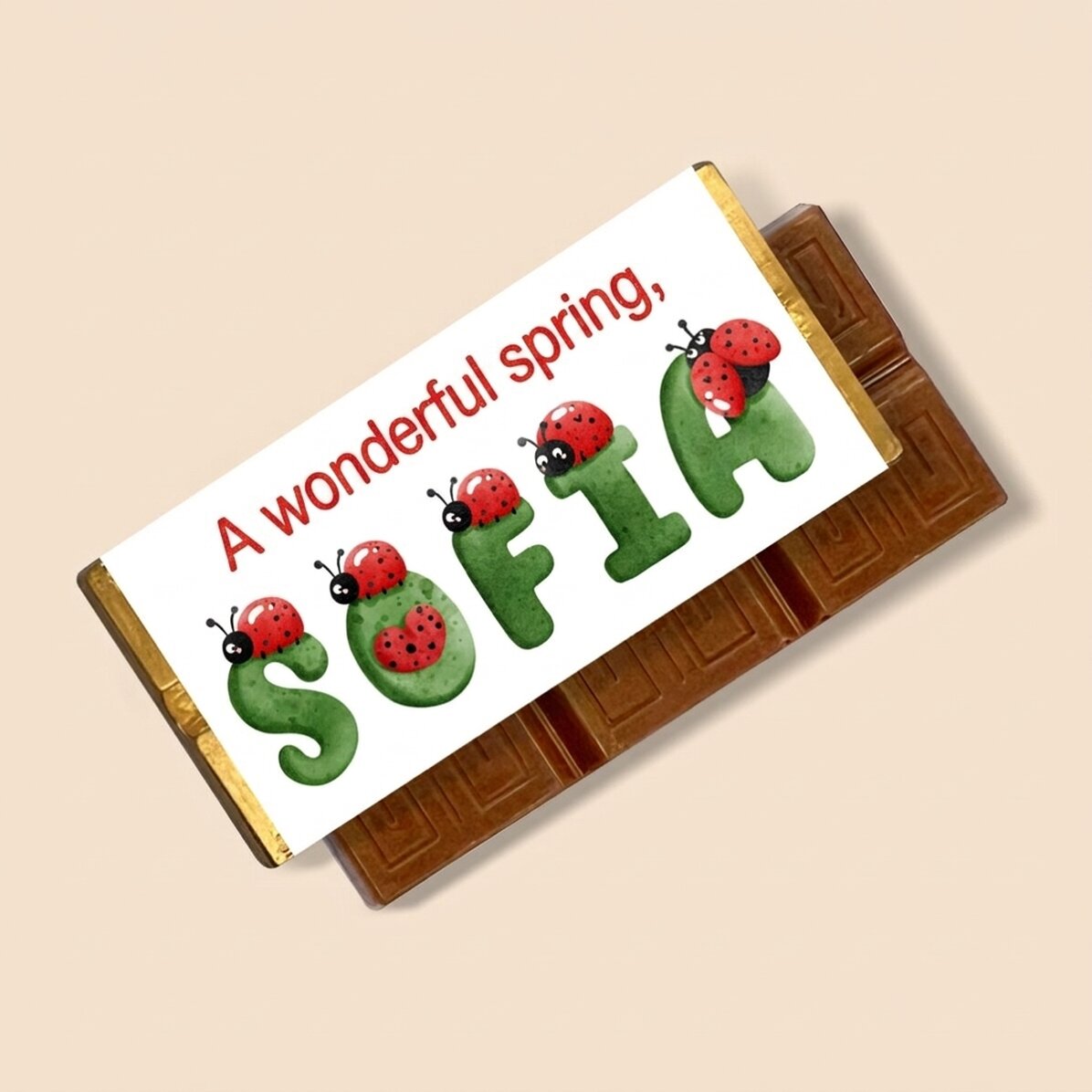 Mini chocolate bar personalised with message and name - Ladybirds