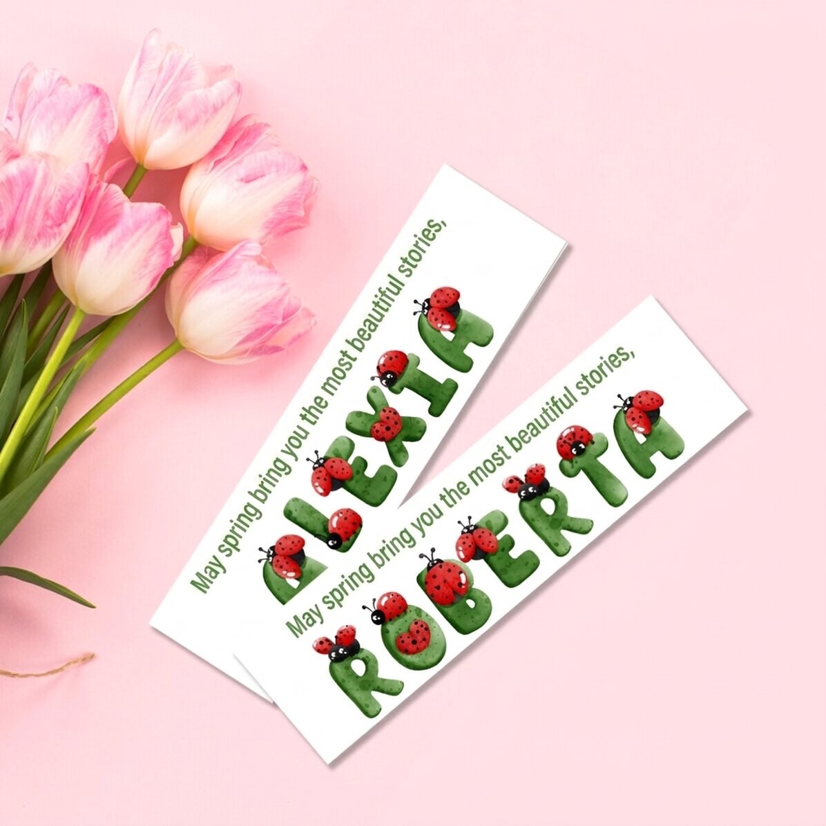 Personalised bookmark with message and name - Ladybirds