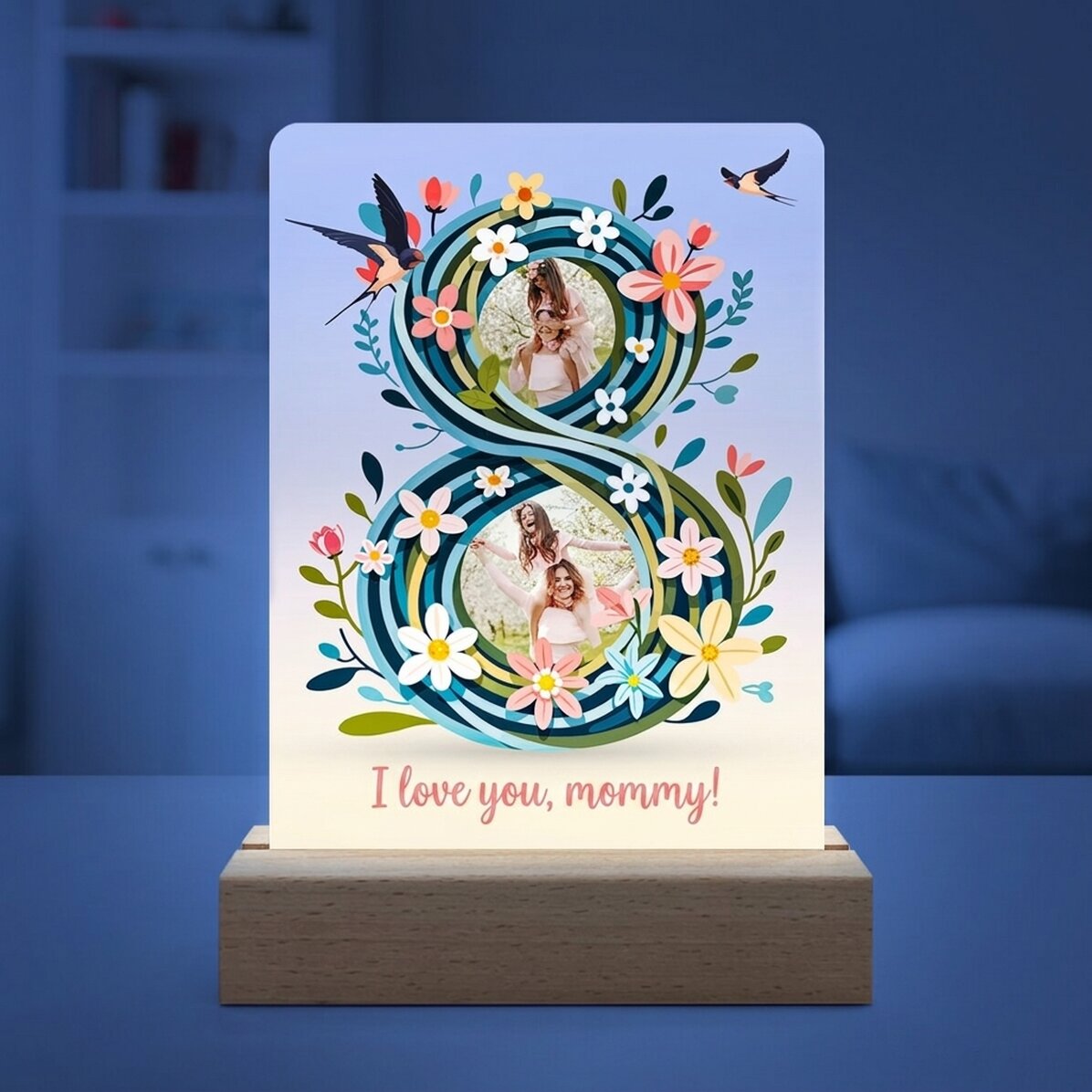 Personalised LED night light with 2 photos and text - 8 floral