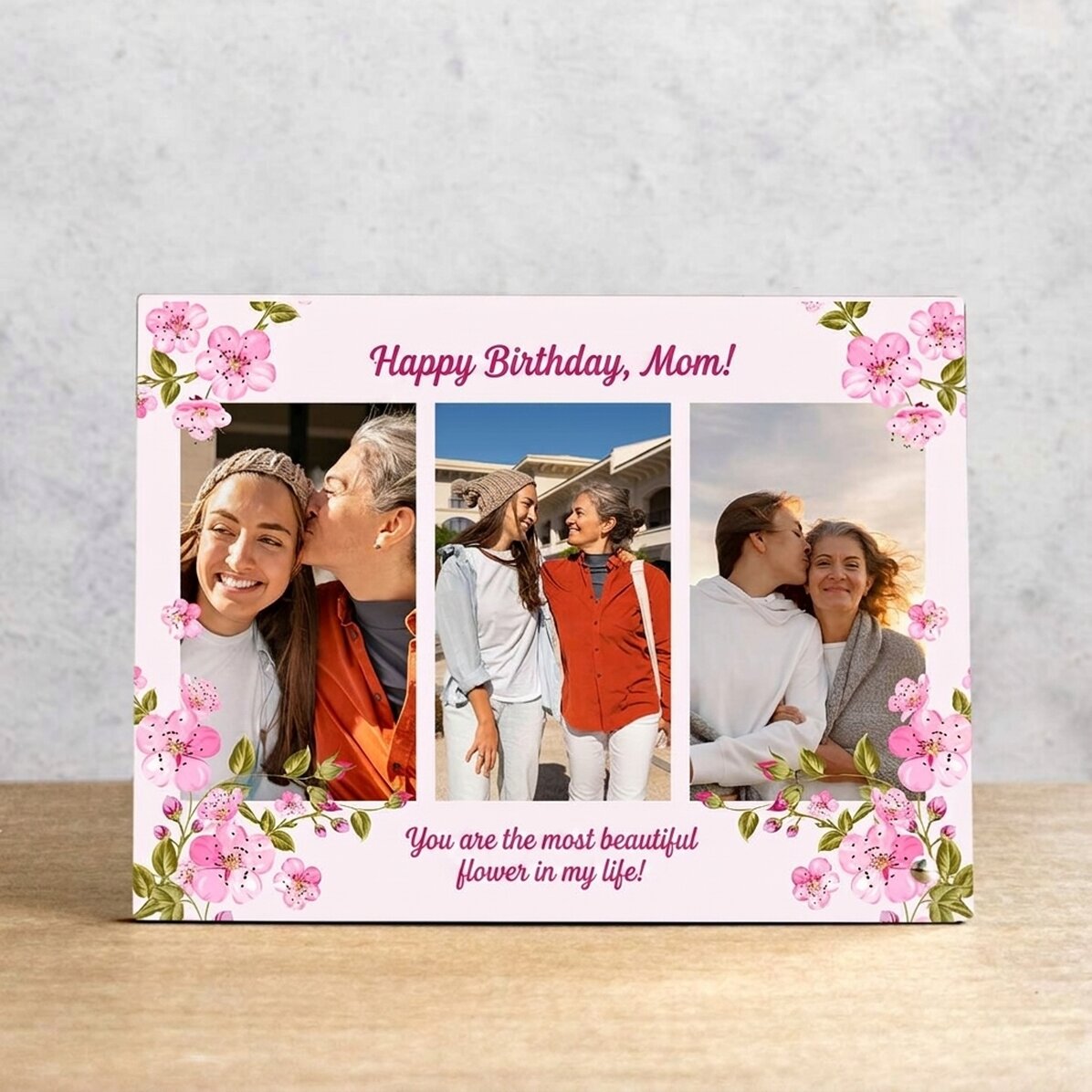 Personalised desk photo frame with 3 photos and message - Spring