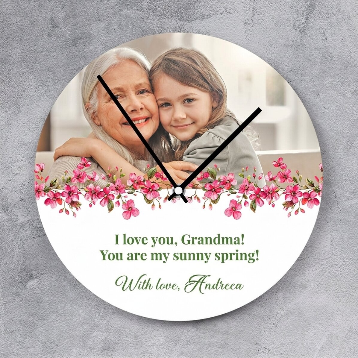 Personalised clock with a photo and message - Floral