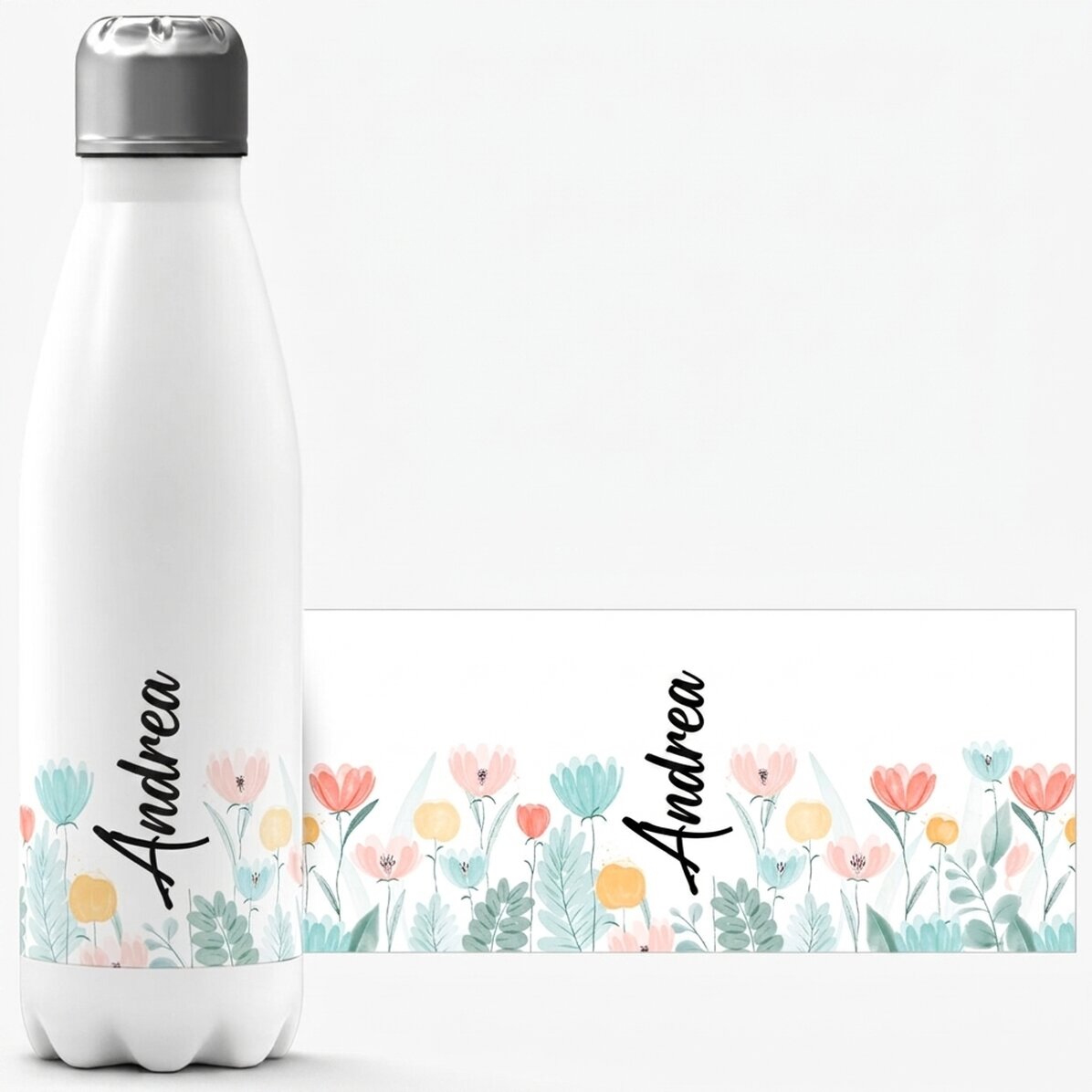 Thermos with white base personalised with name - Flowers